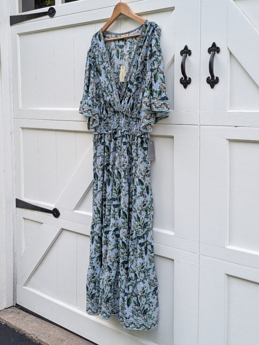 NWT Max Studio London Dusty Blue Floral Smocked Waist Flutter Maxi Dress 3X $188